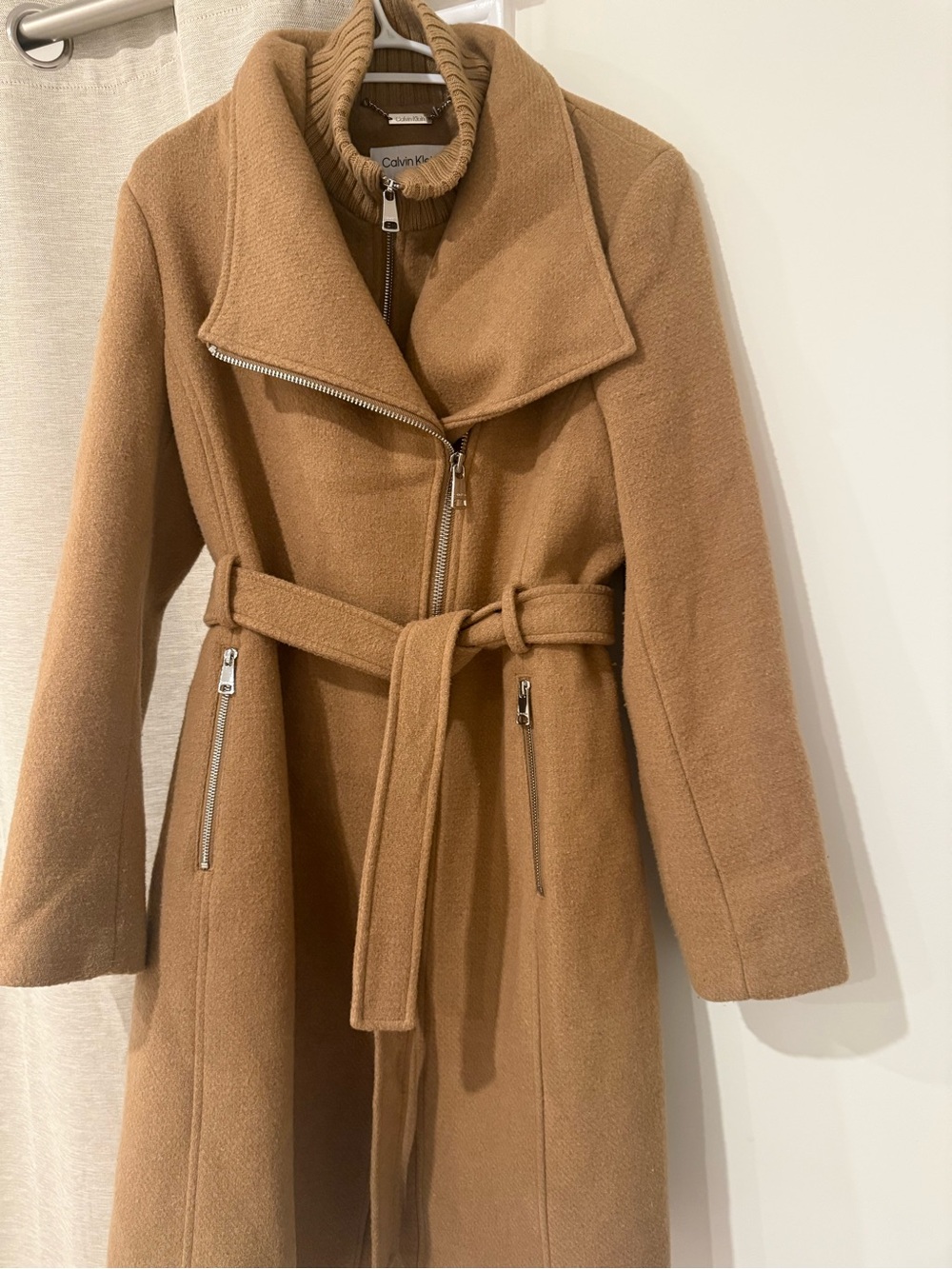 Calvin Klein Camel Wool-Blend Belted Trench Coat